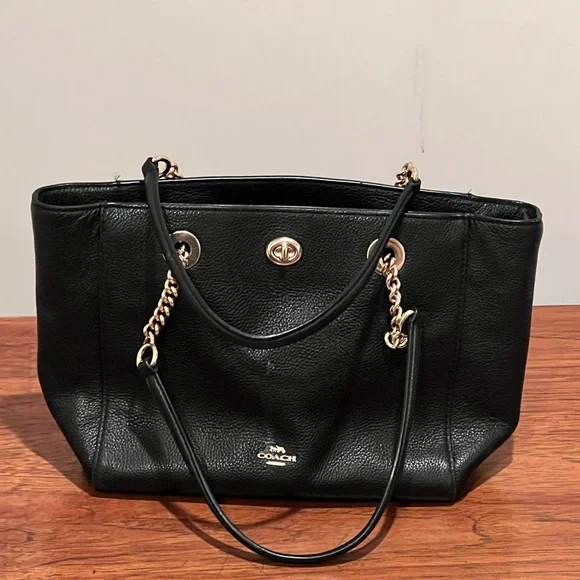 Coach Black Leather Tote with Gold Accents - Picture 1 of 11